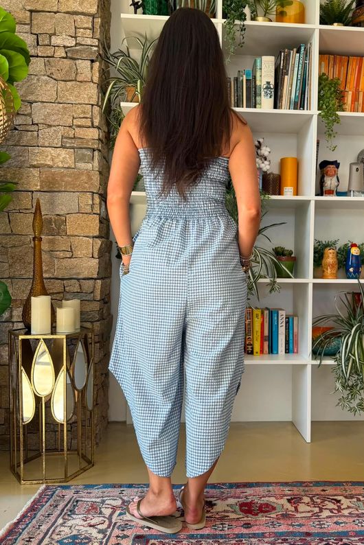 Arbi Gingham Shirring Bandeau Jumpsuit Denim